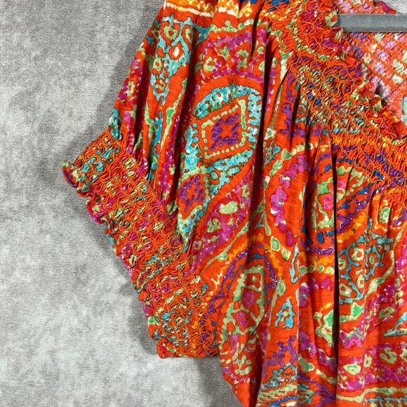 Lauren Ralph Lauren Blouse Womens‎ 1X Orange Paisley Short Sleeve Smocked Boho - Picture 4 of 9
